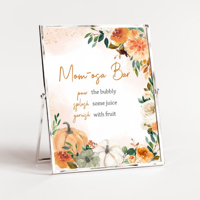 Orange Herbst Floral Pumpkin Mama Osa Bar Poster (Autumn Floral Pumpkin Baby Shower Mom Osa Bar Sign)