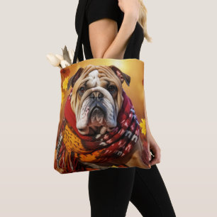 ORANGE HERBSTLAUBS & BROWN WHITE BULLDOG HUND