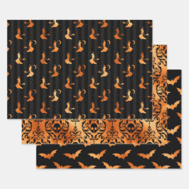 Orange Hexe, Totenkopf und Fledermaus Halloween-Mu Geschenkpapier Set