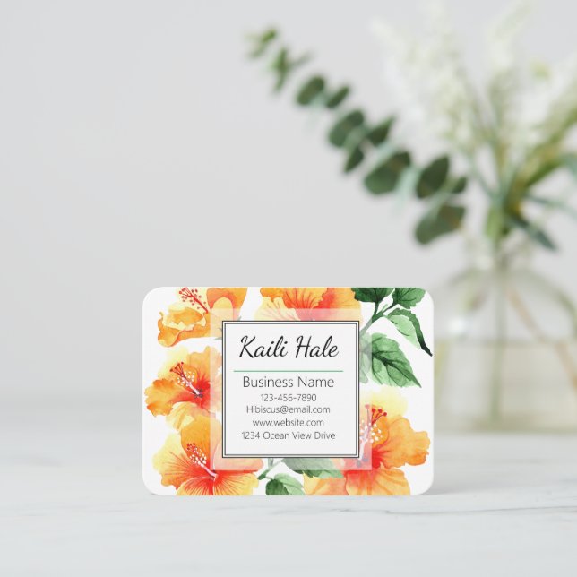 Orange Hibisken Blume Business Card mit QR Code Visitenkarte (Stehend Vorderseite)