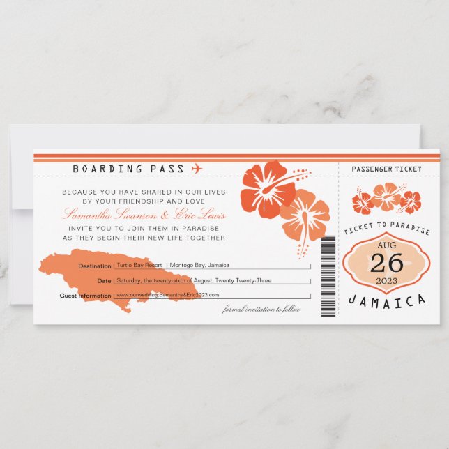 Orange Hibisken Jamaica Boarding Pass Wedding Save The Date (Vorderseite)