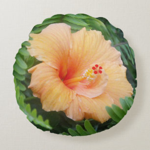 Orange Hibiskus-Blume mit Farnen Rundes Kissen