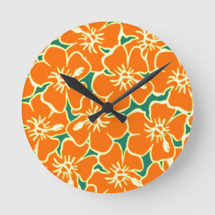 Orange Hibiskus Blume Tropical Hawaiian Clock Runde Wanduhr