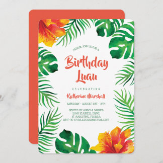 Orange Hibiskus Tropical Blätter Birthday Luau Einladung
