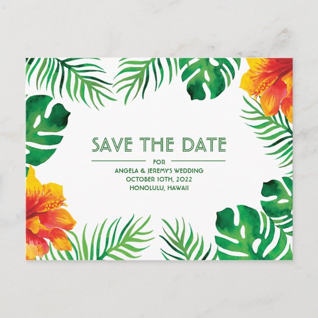Orange Hibiskus Tropical Save the Date Postkarte (Vorderseite)
