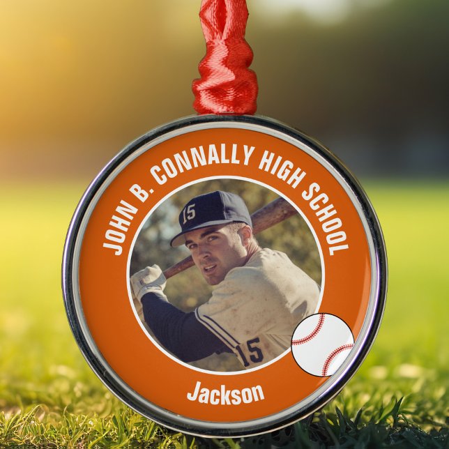 Orange High School Baseball Player Photo Christmas Ornament Aus Metall (Von Creator hochgeladen)