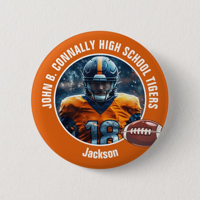 Orange High School Football Player Foto Button (Vorderseite)