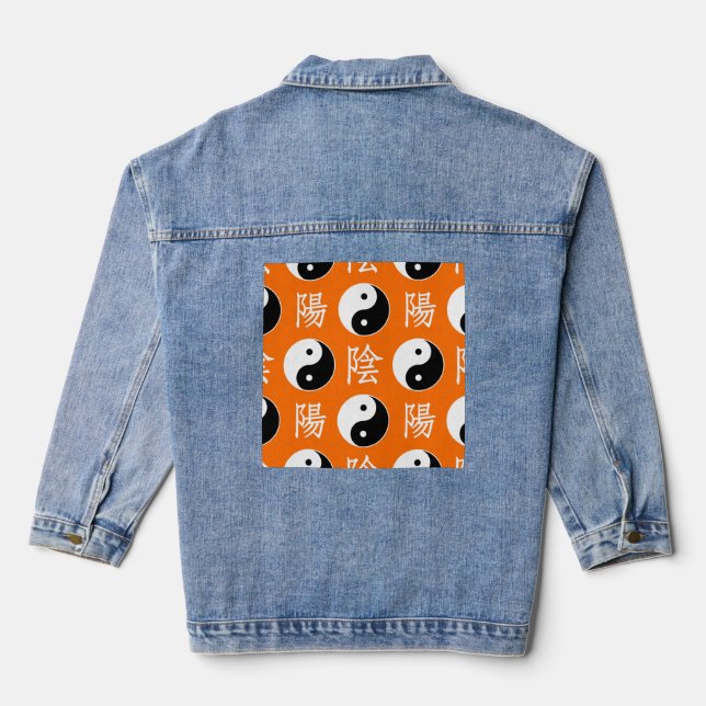 Orange Hintergrund Chinesisches Yinyang-Muster Jeansjacke (Rückseite)