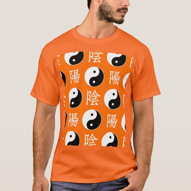 Orange Hintergrund Chinesisches Yinyang-Muster T-Shirt (Vorderseite)