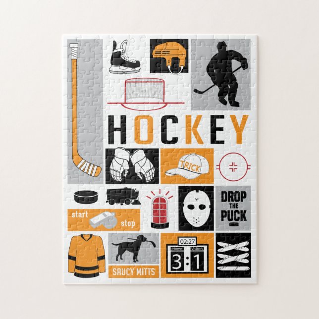 Orange Hockey Elements Stick Puck Player Puzzle (Vertikal)