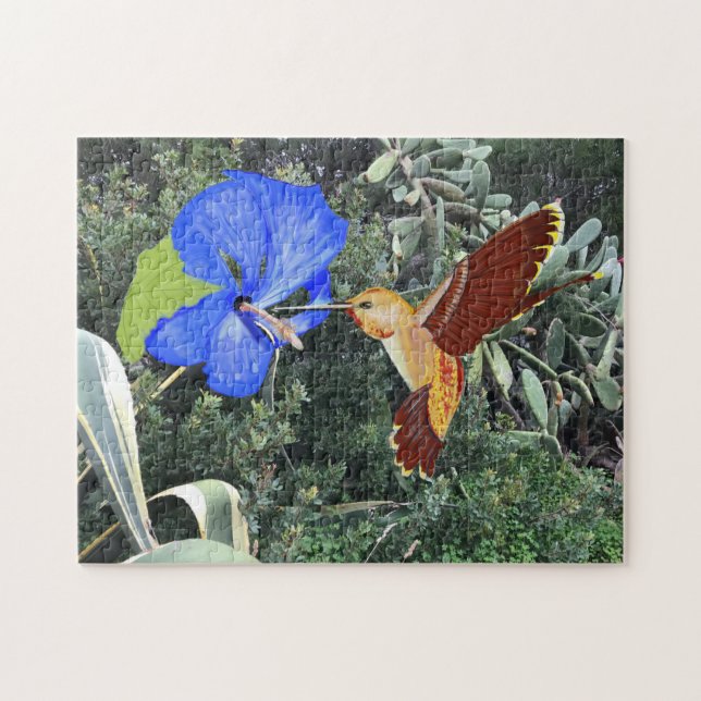 Orange Hummingbird und Blauer Hibiskus Puzzle (Horizontal)