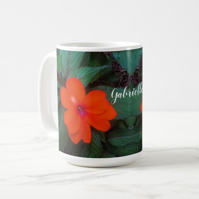 Orange Impatiens Blume Kaffeetasse (Vorderseite Links)