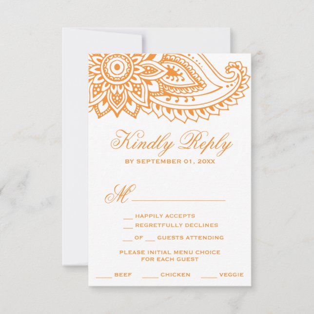 Orange Indian Paisley Menü Auswahl RSVP Karte (Vorderseite)