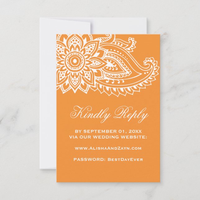 Orange Indian Paisley Wedding Website RSVP Card Karte (Vorderseite)