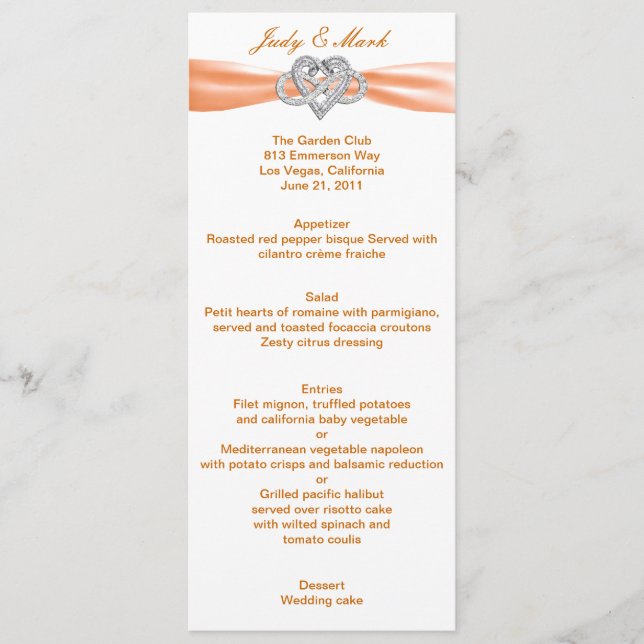 Orange Infinity Heart Wedding Menu Card Menükarte (Vorderseite)
