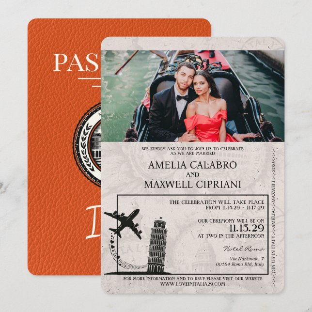 Orange Italy Passport Wedding Einladung (Vorne/Hinten)