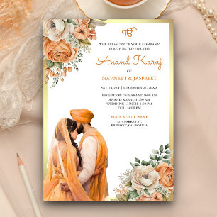 Orange Ivory Floral Anand Karaj Sikh Wedding Einladung