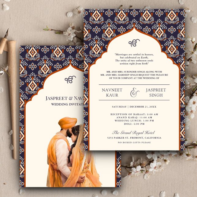 Orange Ivory Ikat Punjabi Anand Karaj Sikh Wedding Einladung (Von Creator hochgeladen)