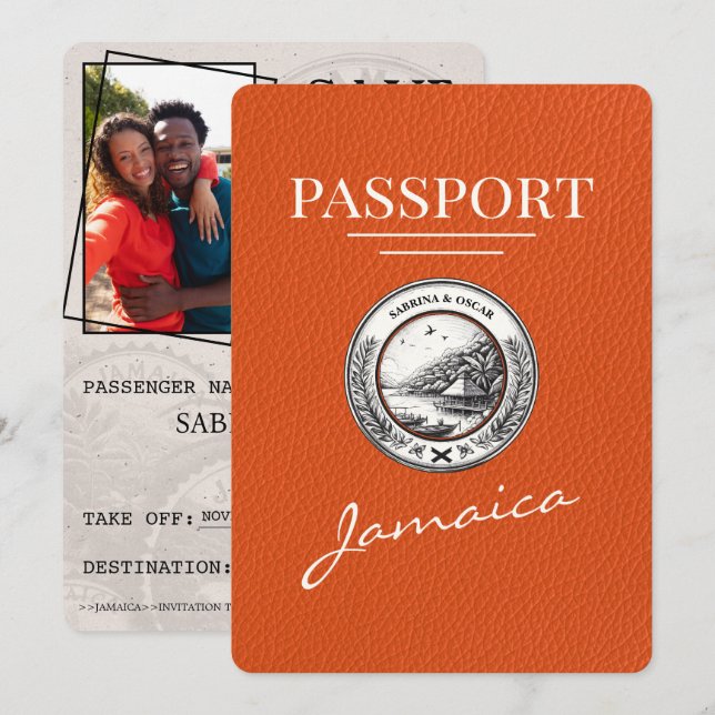Orange Jamaica Passport Save the Date (Vorne/Hinten)
