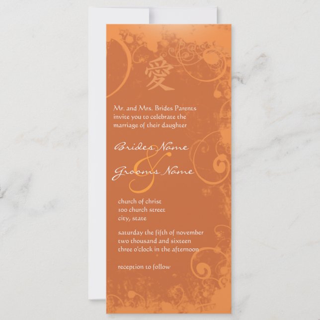 Orange Kanji Liebe Swirl Wedding Einladung (Vorderseite)