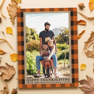 Orange Kariert Family Foto Kraft Happy Thanksgivin Postkarte