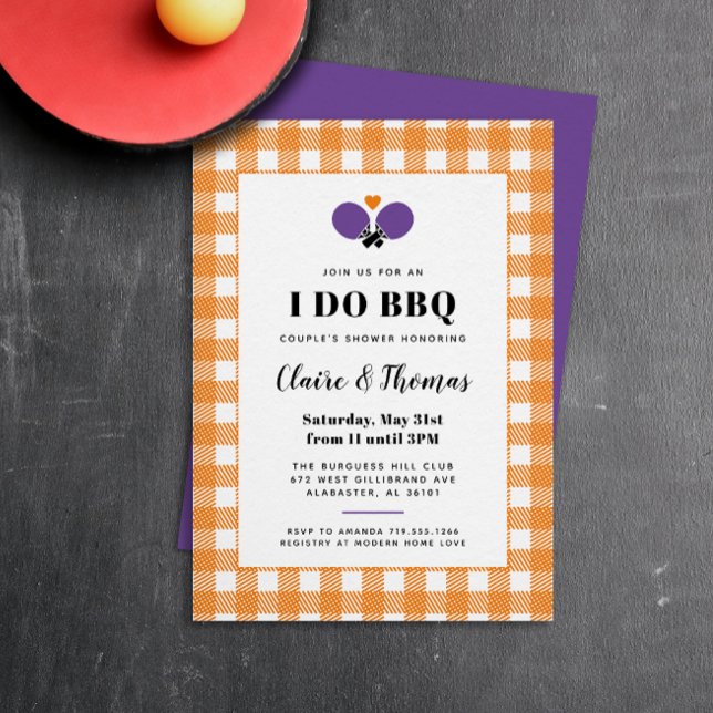 Orange Kariert I do GRILLEN Ping Pong Einladung (preppy orange, purple and white gingham plaid country club I Do BBQ invitation)