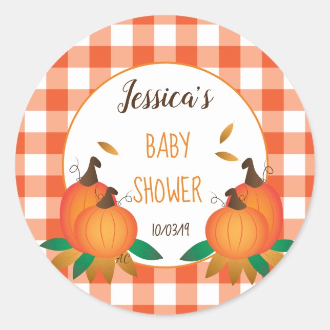 Orange Karierte Fall Baby Shower Stickers (Vorderseite)
