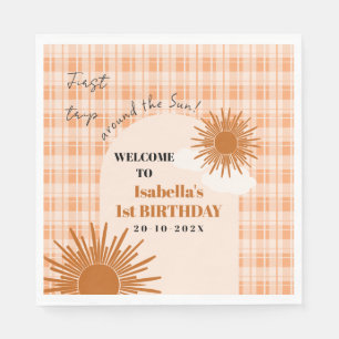 Orange Karo Erste Reise um die Sonne Geburtstag Serviette