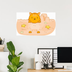 Orange Katze in einer Strandburgszene Poster