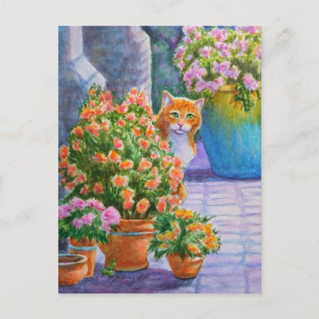 Orange Katze mit Blumen-Töpfen Postkarte (Vorderseite)