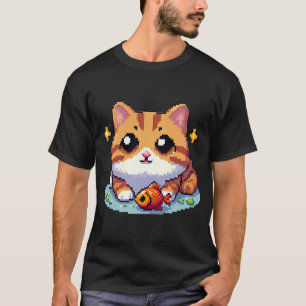 Orange Katze mit Fisch Pixelart T-Shirt