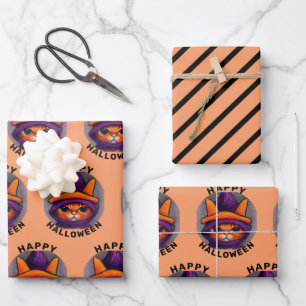 Orange Katze mit lila Hexenhut Frohes Halloween Geschenkpapier Set