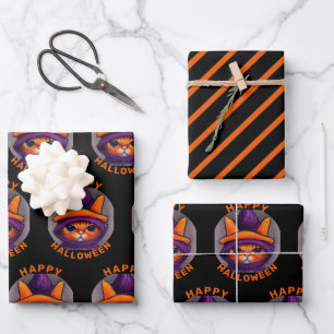 Orange Katze mit lila Hexenhut Frohes Halloween Geschenkpapier Set
