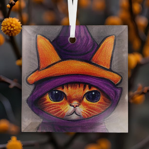 Orange Katze mit lila Hexenhut Halloween Ornament Aus Glas