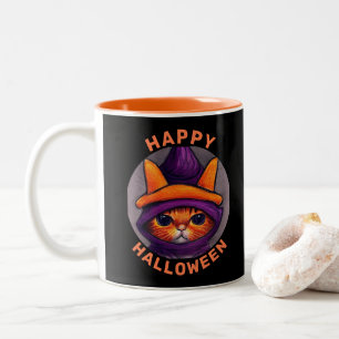 Orange Katze mit lila Hexenhut Halloween Zweifarbige Tasse