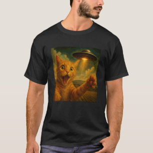 Orange Katze Selfie mit Alien UFO Lustige Katze T-Shirt