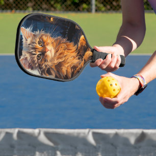 Orange Katze und Café-Terrasse bei Nacht inspirier Pickleball Schläger