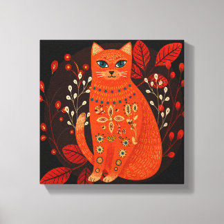 Orange Katze Volkskunst Leinwanddruck Boho Skandin