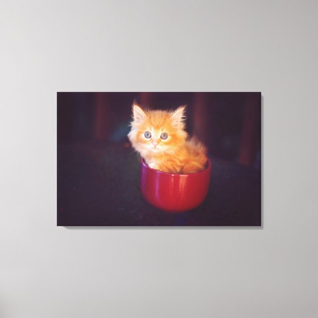 Orange Kitten in roter Tasse Leinwanddruck (Vorderseite)