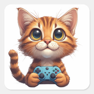 Orange Kitten mit Spielcontroller Gamer-Katze Quadratischer Aufkleber
