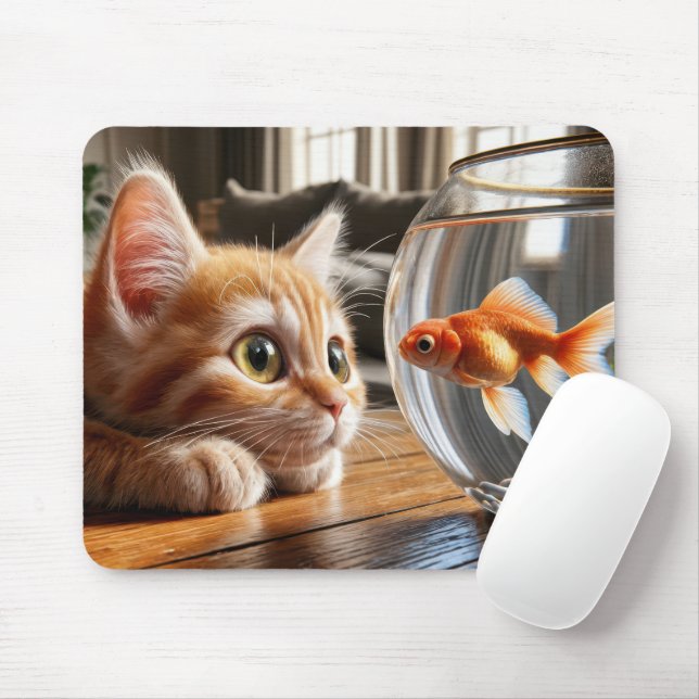 Orange Kitten sieht einen Goldfisch Mousepad (Mit Mouse)