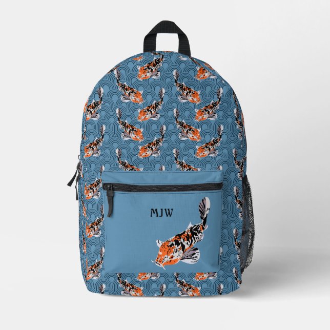Orange Koi Fisch auf Blauen Waves Gemustert Bedruckter Rucksack (Vorderseite)