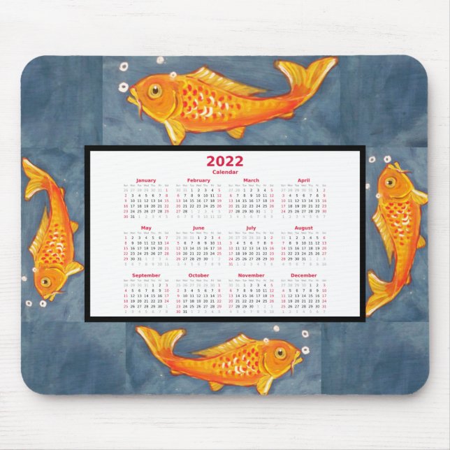 Orange Koi Fish Art Blue Pond Water 2022 Kalender Mousepad (Vorne)