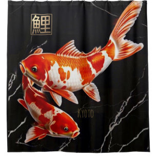 Orange Koi Fish Black Marble Gold Duschvorhang