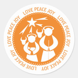 Orange Krippe Liebe, Friede, Freude Weihnachten Runder Aufkleber