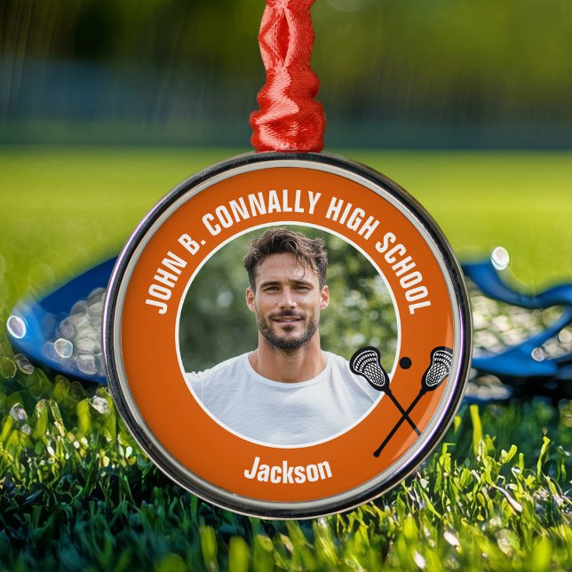 Orange Lacrosse Player Photo High School Christmas Ornament Aus Metall (Von Creator hochgeladen)