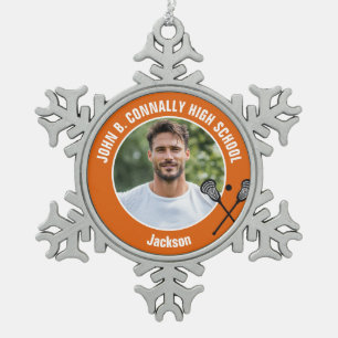 Orange Lacrosse-Spielerfoto High School Schneeflocken Zinn-Ornament