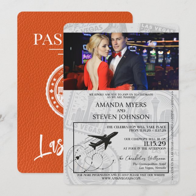 Orange Las Vegas Passport Wedding Einladung (Vorne/Hinten)