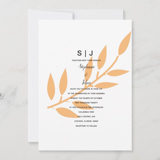 Orange Leaf Monogram Nature Minimal Wedding 2024 Einladung (Vorderseite)