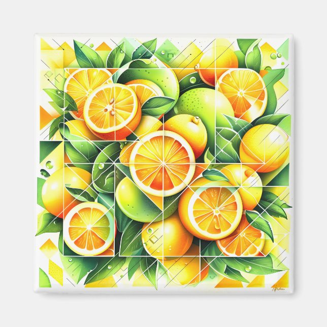 Orange Lemon Botanische Zitrone Geometrisch Magnet (Vorne)